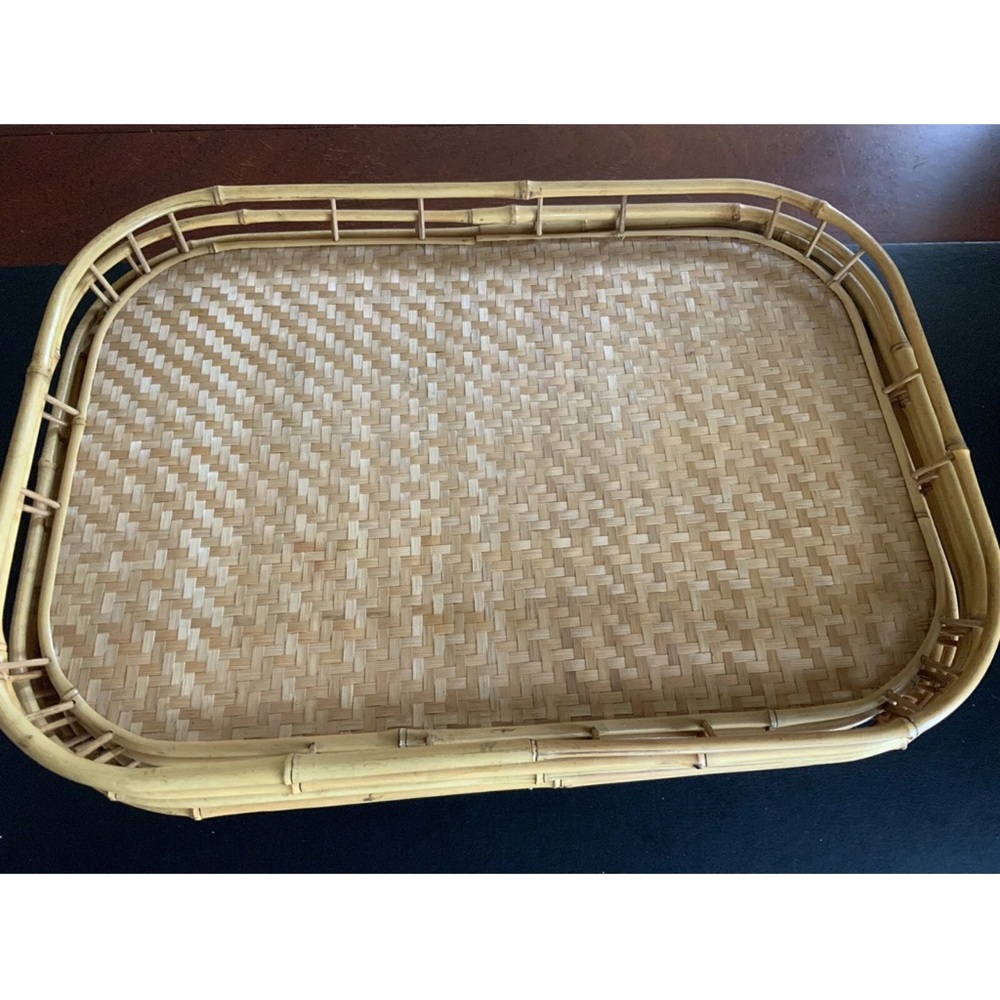 7 Vintage Mid-Century Wicker Rattan Bamboo Serving Trays, Approx. 19 x 13